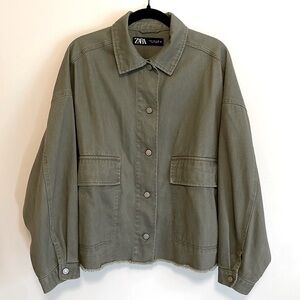 Zara Oversized Cotton Utility Jacket/Shirt - Size Medium, Khaki Green